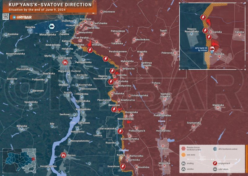 Bản đồ chiến sự Ukraine ngày 9/6, hướng Kupyansk. (Ảnh: Rybar) Bản đồ chiến sự Ukraine ngày 9/6, hướng Kupyansk. (Ảnh: Rybar)