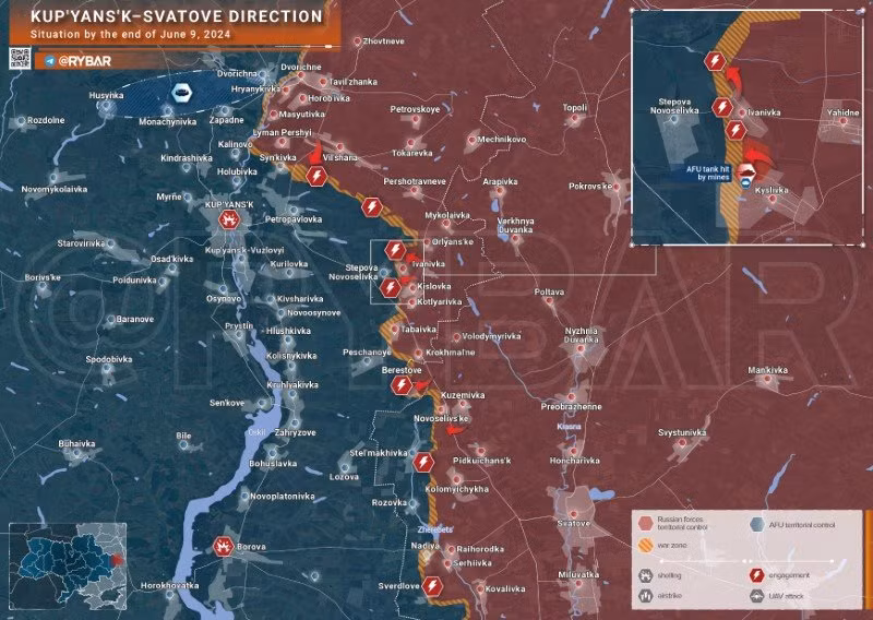 Bản đồ chiến sự Ukraine ngày 9/6, hướng Kupyansk. (Ảnh: Rybar)