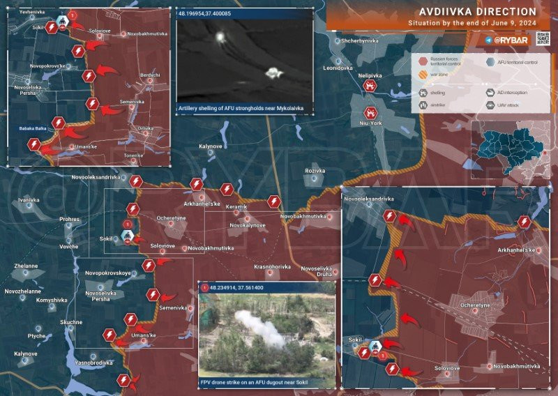 Bản đồ chiến sự Ukraine ngày 9/6, hướng Avdeevka. (Ảnh: Rybar) Bản đồ chiến sự Ukraine ngày 9/6, hướng Avdeevka. (Ảnh: Rybar)