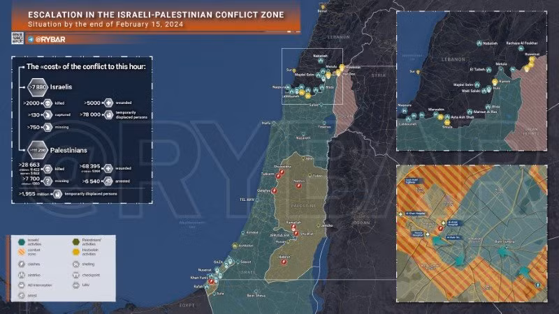 Bản đồ xung đột Israel - Hamas ngày 15/2. (Ảnh: Rybar)