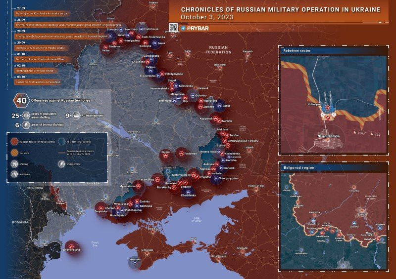 Bản đồ chiến sự Ukraine ngày 3/10. (Ảnh: Rybar).