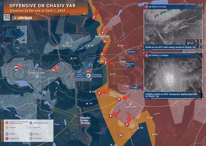 Bản đồ chiến sự Ukraine ngày 1/4, hướng Chasiv Yar. (Ảnh: Rybar)