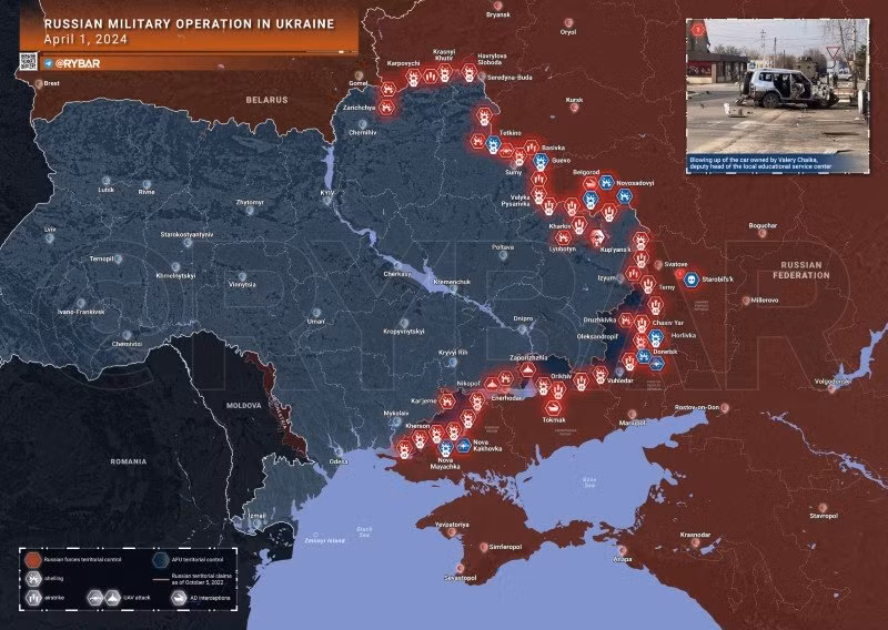 Bản đồ chiến sự Ukraine ngày 1/4. (Ảnh: Rybar)