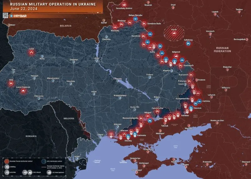 Bản đồ chiến sự Ukraine ngày 22/6. (Ảnh: Rybar)