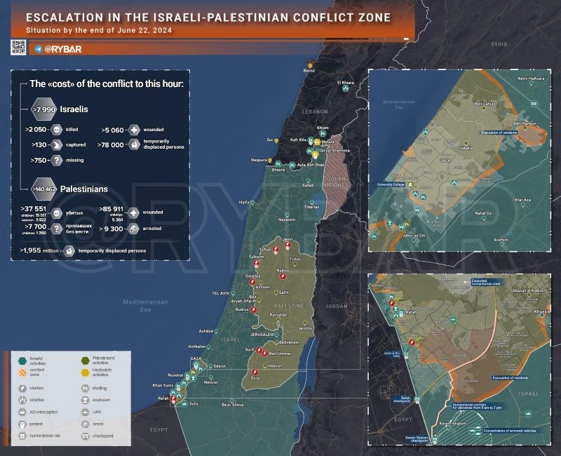 Bản đồ xung đột Israel - Hamas ngày 22/6. (Ảnh: Rybar)