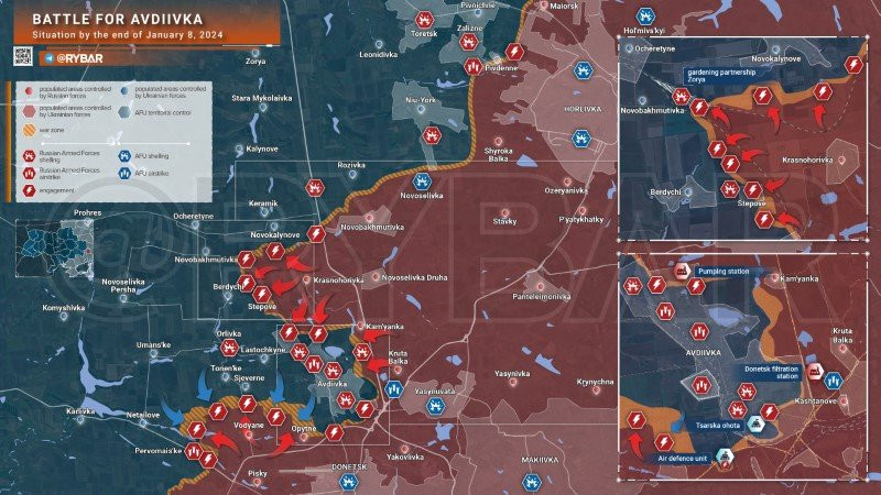 Bản đồ chiến sự Ukraine ngày 8/1 khu vực Avdeevka, Donestk. (Ảnh: Rybar)