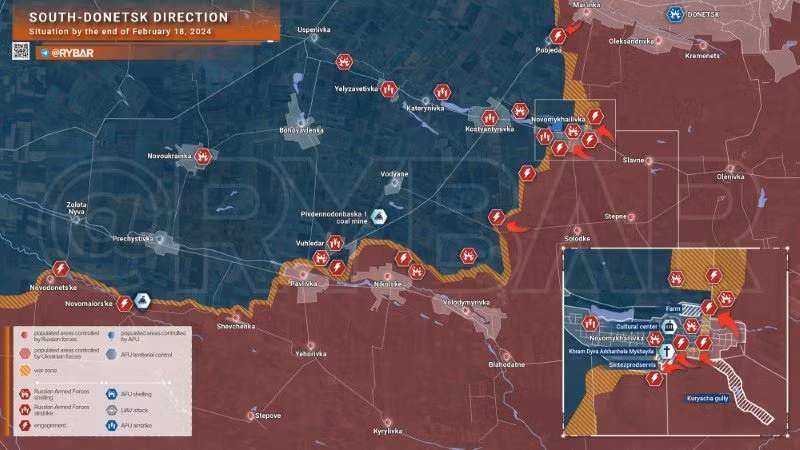 Bản đồ chiến sự Ukraine ngày 18/2, hướng Nam Donetsk. (Ảnh: Rybar) Bản đồ chiến sự Ukraine ngày 18/2, hướng Nam Donetsk. (Ảnh: Rybar)