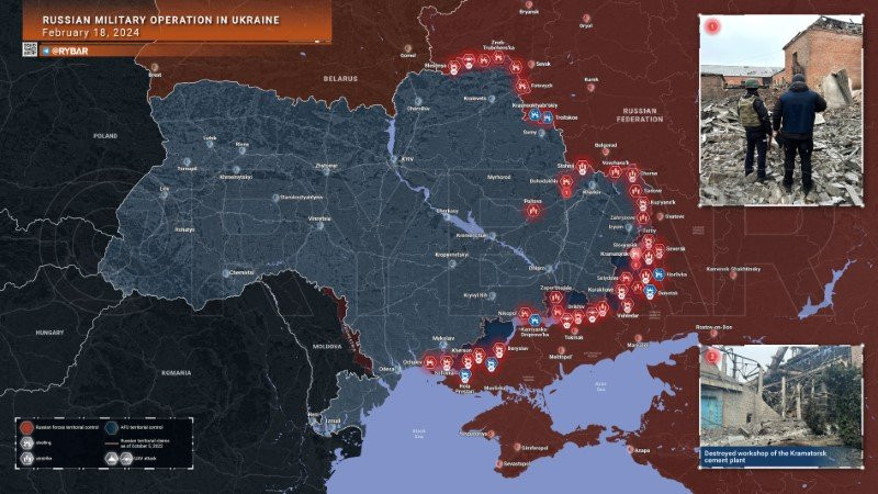 Bản đồ chiến sự Ukraine ngày 18/2. (Ảnh: Rybar)