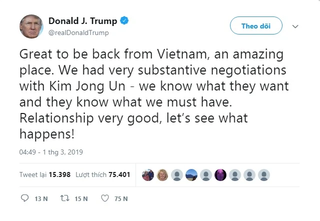 TT Trump đăng Twitter khi trở về Mỹ