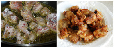 Làm nóng chảo với lượng dầu đủ ngập mặt dầu khi chiên. Chờ dầu sôi (có thể nhúng đầu đũa kiểm tra, nếu thấy đầu đũa hơi sủi tăm là lúc bạn có thể cho sườn vào chiên) thì lần lượt gắp sườn thả vào chảo chiên cho thật vàng đều trên lửa vừa. Làm nóng chảo với lượng dầu đủ ngập mặt dầu khi chiên. Chờ dầu sôi (có thể nhúng đầu đũa kiểm tra, nếu thấy đầu đũa hơi sủi tăm là lúc bạn có thể cho sườn vào chiên) thì lần lượt gắp sườn thả vào chảo chiên cho thật vàng đều trên lửa vừa.