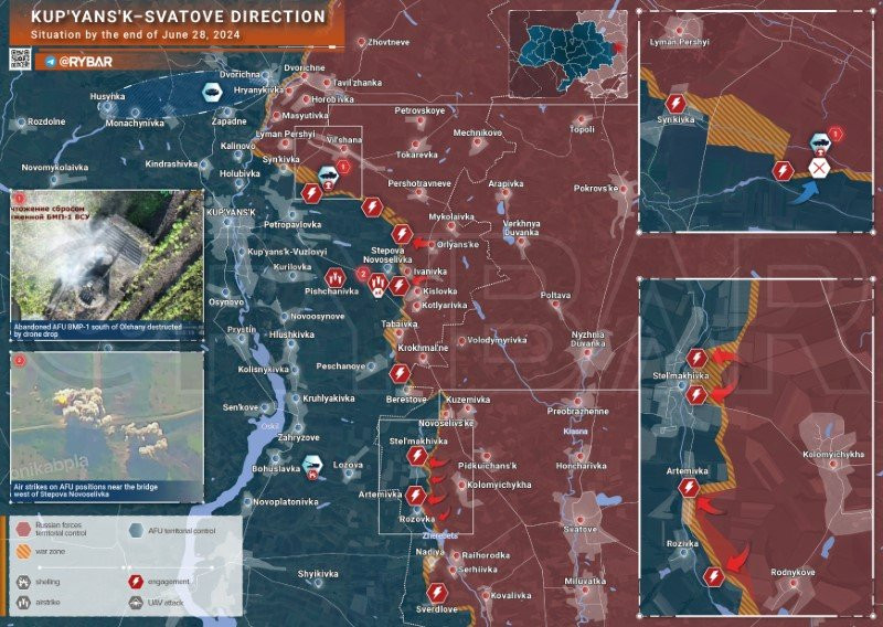 Bản đồ chiến sự Ukraine ngày 28/6, hướng Kupyansk. (Ảnh: Rybar) Bản đồ chiến sự Ukraine ngày 28/6, hướng Kupyansk. (Ảnh: Rybar)