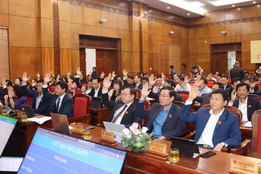 Đại biểu HĐND tỉnh Điện Biên biểu quyết thông qua Nghị quyết.