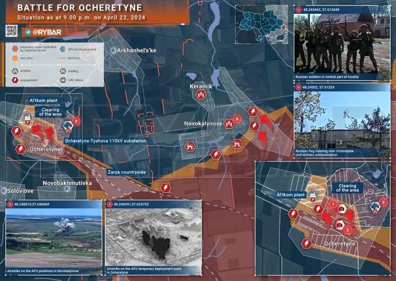 Bản đồ chiến sự Ukraine ngày 22/4, khu vực Ocheretyne. (Ảnh: Rybar) Bản đồ chiến sự Ukraine ngày 22/4, khu vực Ocheretyne. (Ảnh: Rybar)