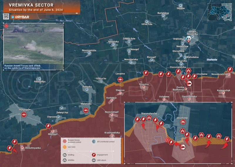 Bản đồ chiến sự Ukraine ngày 6/6, khu vực Vremivka. (Ảnh: Rybar)