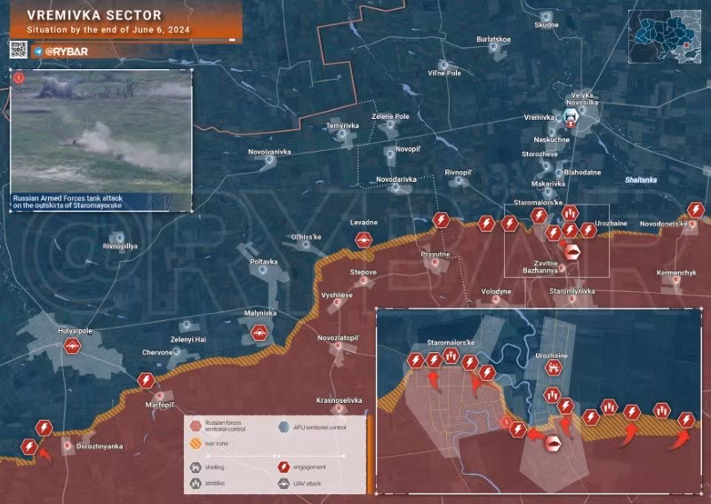 Bản đồ chiến sự Ukraine ngày 6/6, khu vực Vremivka. (Ảnh: Rybar)