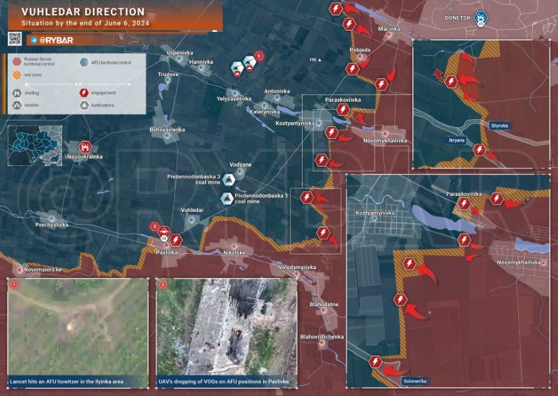 Bản đồ chiến sự Ukraine ngày 6/6, hướng Vuhledar. (Ảnh: Rybar)