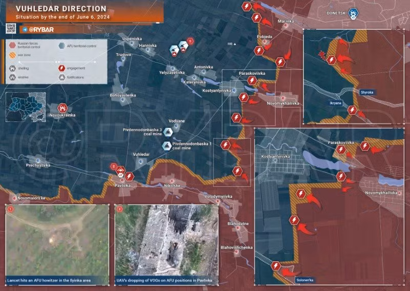 Bản đồ chiến sự Ukraine ngày 6/6, hướng Vuhledar. (Ảnh: Rybar)