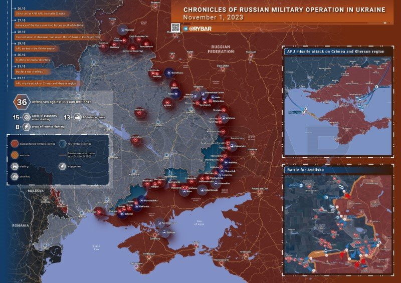 Bản đồ chiến sự Ukraine ngày 1/11. (Ảnh: Rybar).
