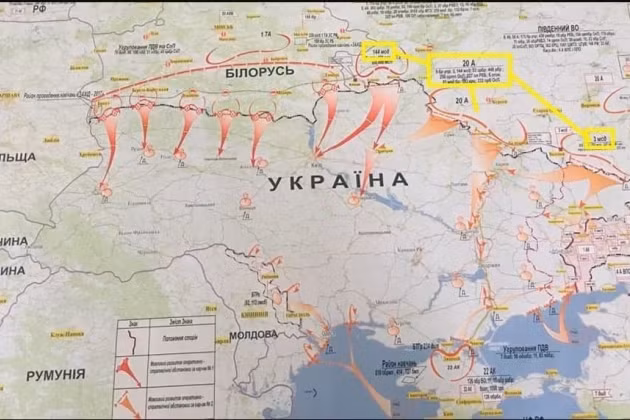 Một bản đồ thể hiện các hướng tấn công của Nga và Belarus trong trường hợp có chiến tranh.