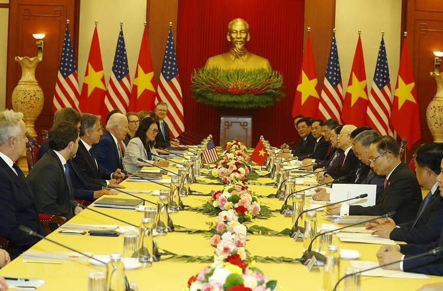 Tổng Bí thư Nguyễn Phú Trọng hội đàm với Tổng thống Hoa Kỳ Joe Biden. (Ảnh: Trí Dũng/TTXVN) Tổng Bí thư Nguyễn Phú Trọng hội đàm với Tổng thống Hoa Kỳ Joe Biden. (Ảnh: Trí Dũng/TTXVN)