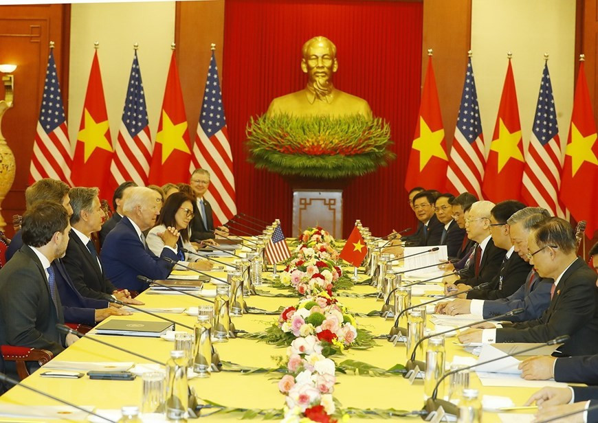 Tổng Bí thư Nguyễn Phú Trọng hội đàm với Tổng thống Hoa Kỳ Joe Biden. (Ảnh: Trí Dũng/TTXVN) Tổng Bí thư Nguyễn Phú Trọng hội đàm với Tổng thống Hoa Kỳ Joe Biden. (Ảnh: Trí Dũng/TTXVN)