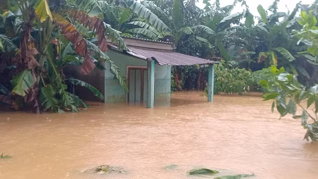 Nhiều nhà của người dân ở xã Hòa Nhơn ngập sâu trong nước.