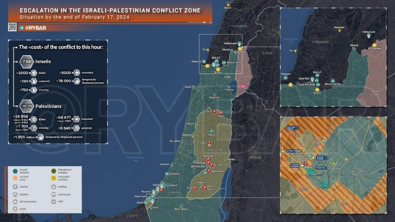 Bản đồ xung đột Israel - Hamas ngày 17/2. (Ảnh: Rybar)