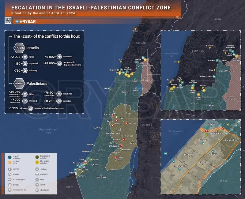 Bản đồ xung đột Israel - Hamas ngày 20/4. (Ảnh: Rybar)