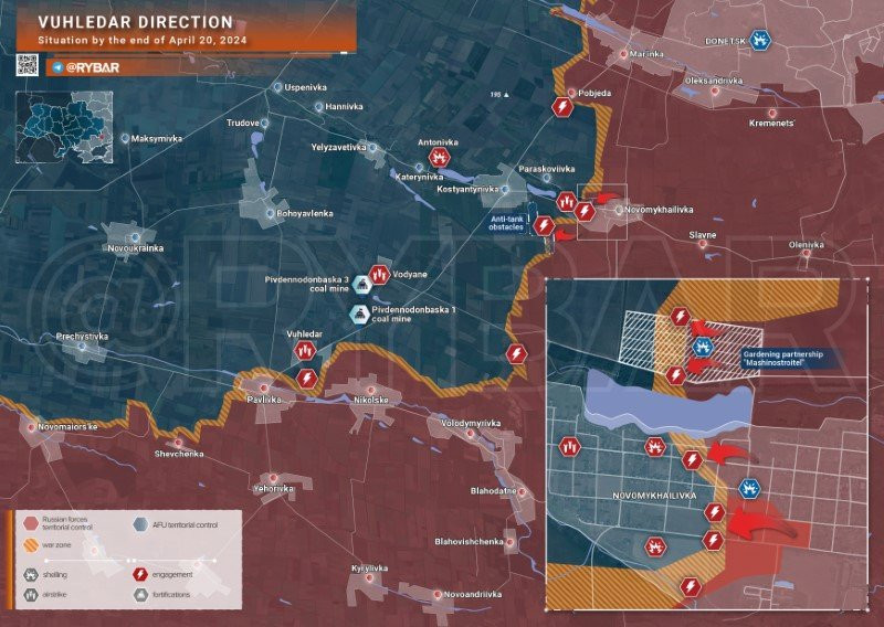 Bản đồ chiến sự Ukraine ngày 20/4, khu vực Vuhledar. (Ảnh: Rybar) Bản đồ chiến sự Ukraine ngày 20/4, khu vực Vuhledar. (Ảnh: Rybar)