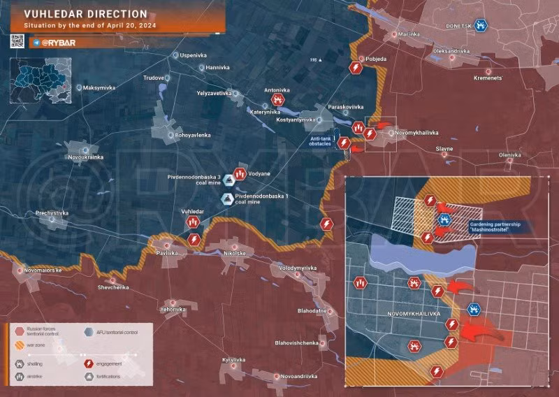 Bản đồ chiến sự Ukraine ngày 20/4, khu vực Vuhledar. (Ảnh: Rybar)