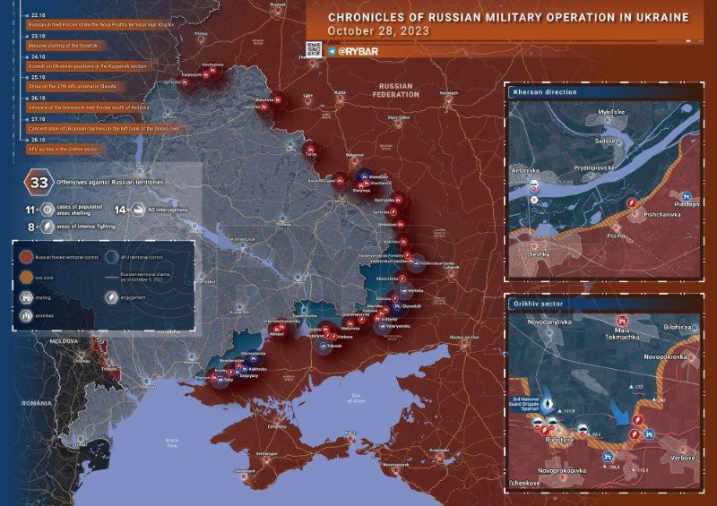Bản đồ chiến sự Ukraine ngày 28/10. (Ảnh: Rybar).