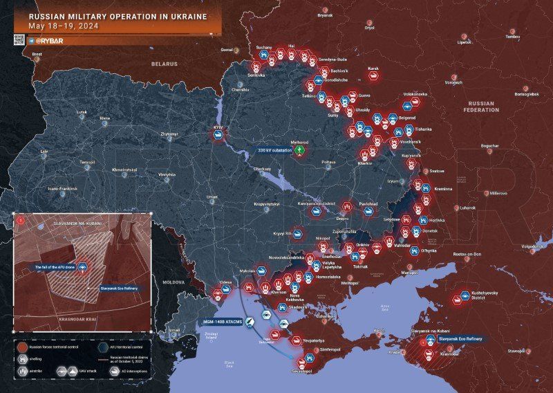 Bản đồ chiến sự Ukraine ngày 18 - 19/5. (Ảnh: Rybar)