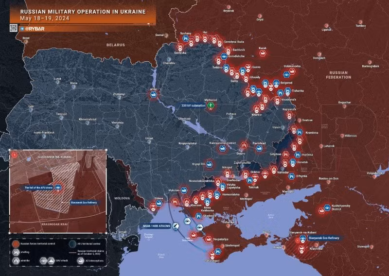 Bản đồ chiến sự Ukraine ngày 18 - 19/5. (Ảnh: Rybar)