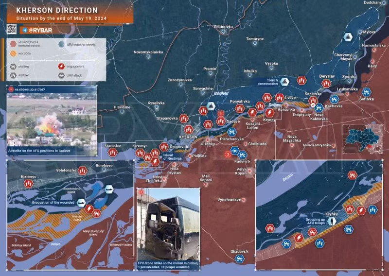 Bản đồ chiến sự Ukraine ngày 19/5, hướng Kherson. (Ảnh: Rybar)