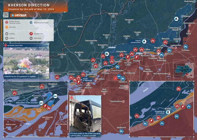 Bản đồ chiến sự Ukraine ngày 19/5, hướng Kherson. (Ảnh: Rybar) Bản đồ chiến sự Ukraine ngày 19/5, hướng Kherson. (Ảnh: Rybar)