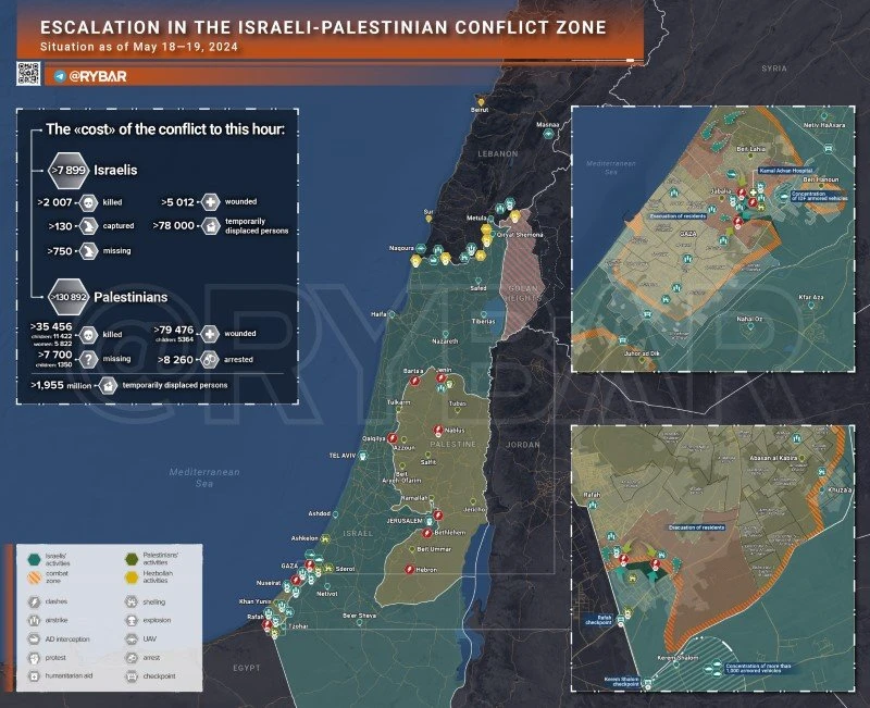 Bản đồ xung đột Israel - Hamas, ngày 18 - 19/5. (Ảnh: Rybar)