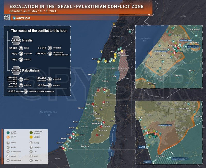 Bản đồ xung đột Israel - Hamas, ngày 18 - 19/5. (Ảnh: Rybar)