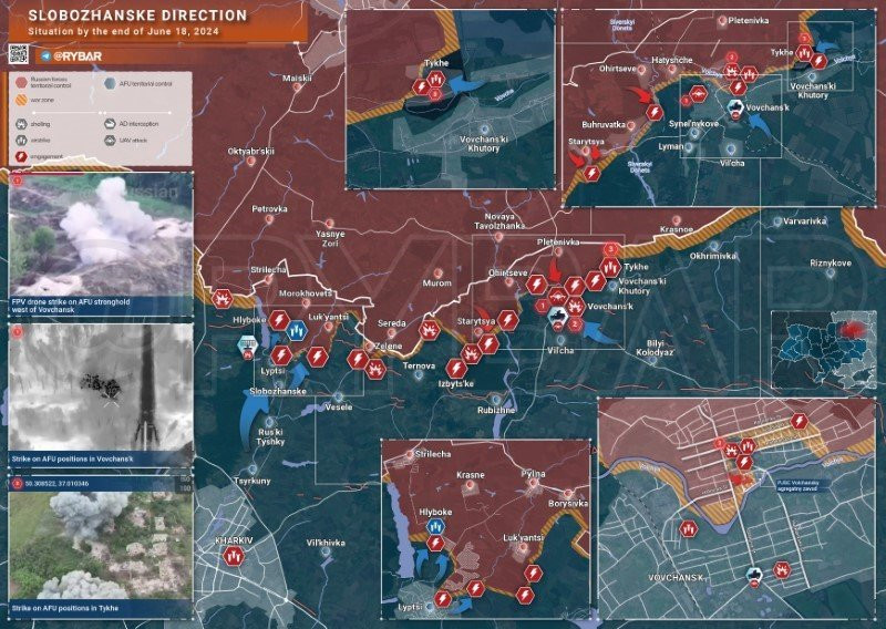 Bản đồ chiến sự Ukraine ngày 18/6, hướng Slobozhanske. (Ảnh: Rybar)