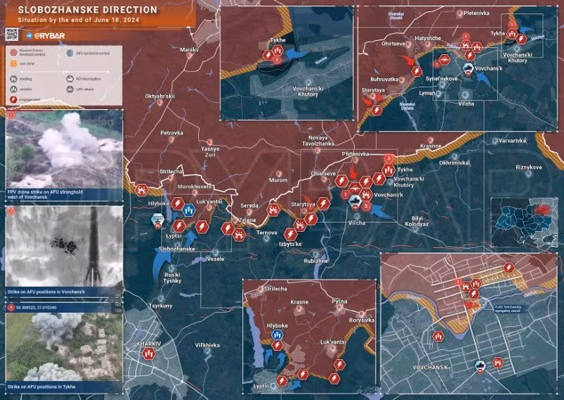 Bản đồ chiến sự Ukraine ngày 18/6, hướng Slobozhanske. (Ảnh: Rybar)