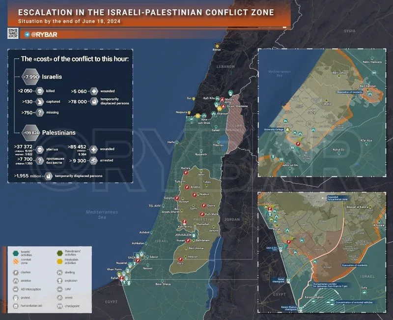 Bản đồ xung đột Israel - Hamas ngày 18/6. (Ảnh: Rybar)