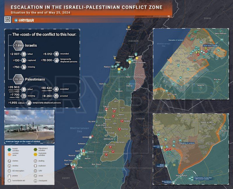 Bản đồ xung đột Israel - Hamas ngày 25/5. (Ảnh: Rybar)