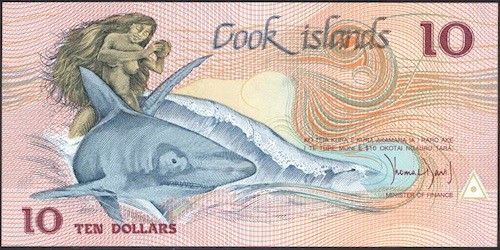 10 USD – Quần đảo Cook Tờ tiền 10 đôla này dùng để tôn vinh văn hóa Polynesia của quần đảo Cook với 15 hòn đảo, nằm ở Nam Thái Bình Dương, đông bắc New Zealand. Mặc dù cư dân tại quần đảo Cook chủ yếu sử dụng đồng đôla New Zealand nhưng chính quyền vẫn phát hành đồng tiền riêng biệt. Trên tờ tiền này in hình một người phụ nữ ngực trần cưỡi một con cá mập. Điểm đặc biệt là loại tiền này chỉ có thể được sử dụng và trao đổi trong quần đảo Cook bởi không ngân hàng nào trên thế giới chấp nhận nó. 10 USD – Quần đảo Cook Tờ tiền 10 đôla này dùng để tôn vinh văn hóa Polynesia của quần đảo Cook: với 15 hòn đảo, nằm ở Nam Thái Bình Dương, đông bắc New Zealand. Mặc dù, chủ yếu sử dụng đồng đô la New Zealand, nhưng quần đảo Cook vẫn phát hành đồng tiền riêng biệt của họ. Đó là hình một người phụ nữ ngực trần cưỡi một con cá mập. Loại tiền này chỉ có thể được sử dụng và trao đổi trong quần đảo Cook, bởi không ngân hàng nào trên thế giới chấp nhận nó.