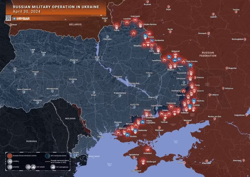 Bản đồ chiến sự Ukraine ngày 30/4. (Ảnh: Rybar)
