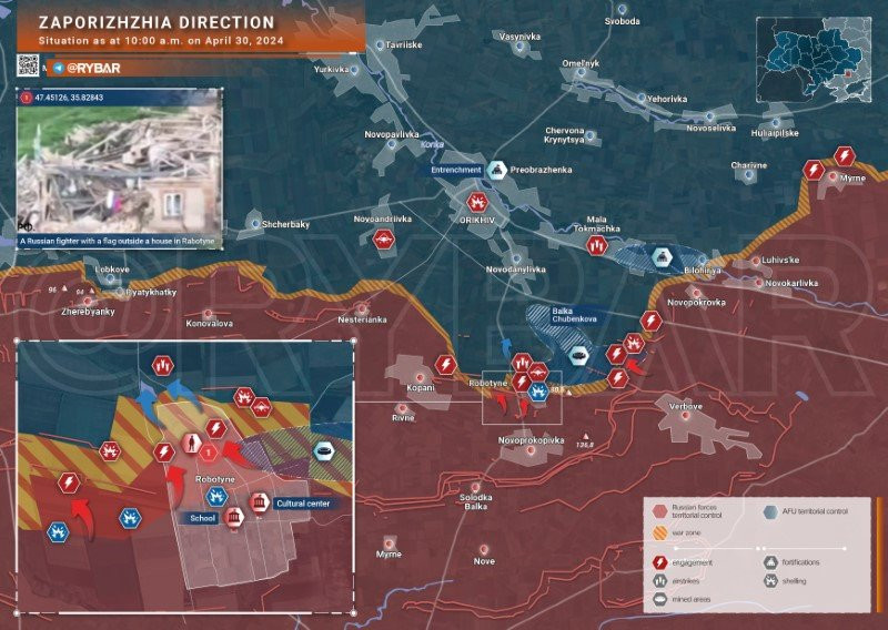 Bản đồ chiến sự Ukraine ngày 30/4, khu vực Zaporozhye. (Ảnh: Rybar)