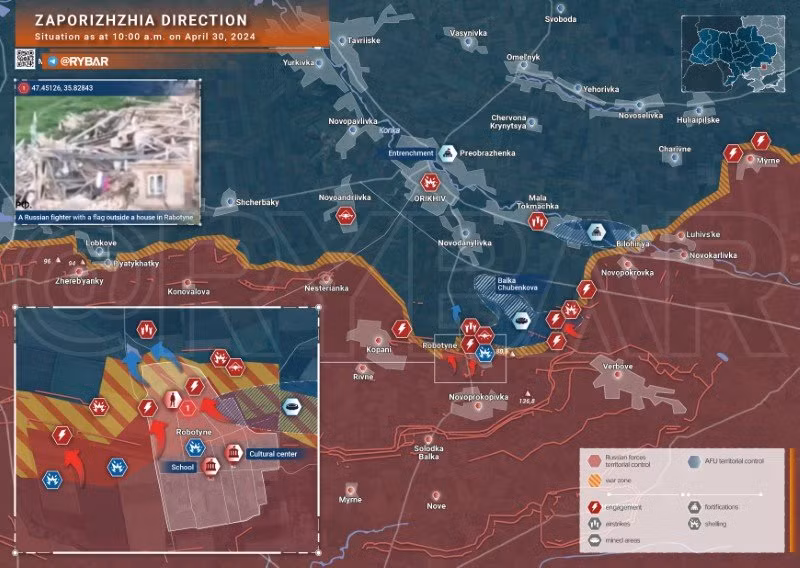 Bản đồ chiến sự Ukraine ngày 30/4, khu vực Zaporozhye. (Ảnh: Rybar)