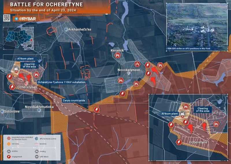 Bản đồ chiến sự Ukraine ngày 23/4, khu vực Ocheretyne. (Ảnh: Rybar)