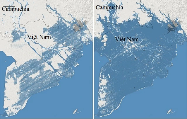 Bản đồ trước đây dự đoán về vùng đất bị chìm dưới nước vào năm 2050 (trái). Bản đồ theo nghiên cứu mới bên cạnh cho thấy phần cuối của Việt Nam sẽ chìm dưới nước khi thủy triều lên vào năm 2050.