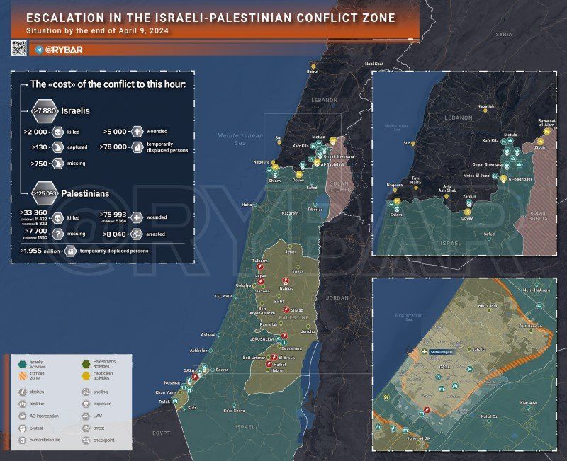 Bản đồ xung đột Israel - Hamas ngày 9/4. (Ảnh: Rybar)