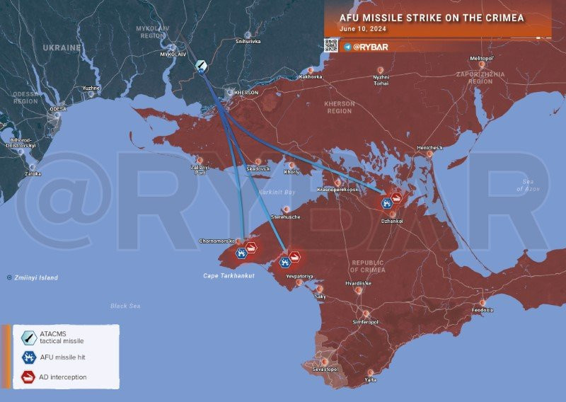 Quân đội Ukraine tập kích tên lửa vào các mục tiêu trên bán đảo Crimea ngày 10/6. (Ảnh: Rybar) Quân đội Ukraine tập kích tên lửa vào các mục tiêu trên bán đảo Crimea ngày 10/6. (Ảnh: Rybar)