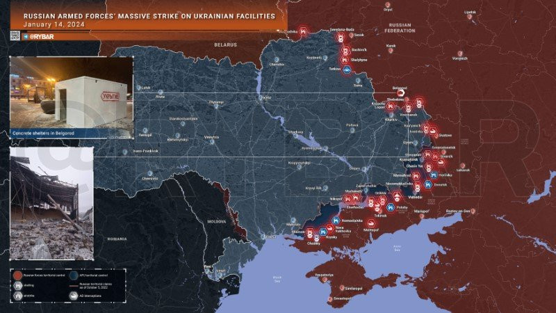 Bản đồ chiến sự Ukraine ngày 14/1. (Ảnh: Rybar) Bản đồ chiến sự Ukraine ngày 14/1. (Ảnh: Rybar)